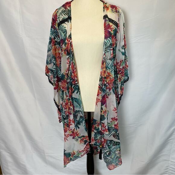 BCBGeneration Women's Sheer Tropical Swim Beach Cover Up Tassel Tie Bell Sleeve - Picture 3 of 9